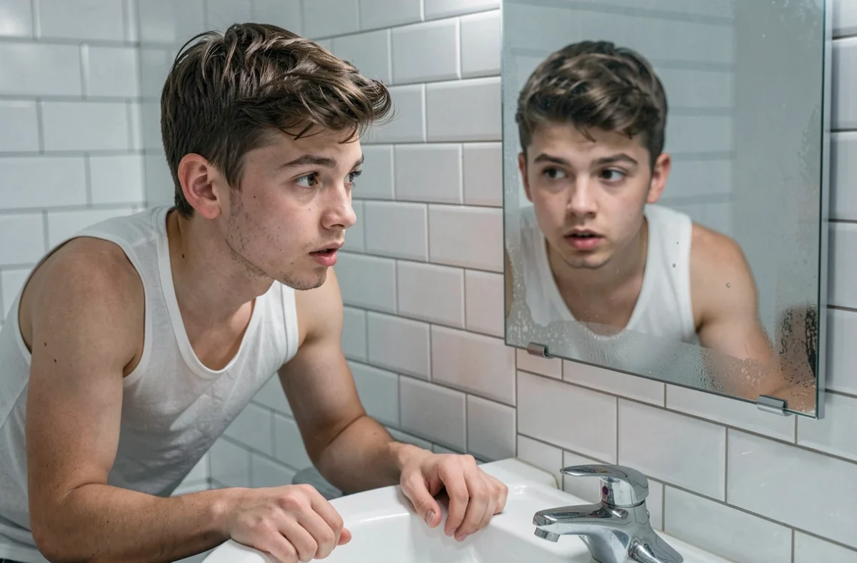 Adolescent d'environ 16 ans observant ses premiers poils de barbe dans un miroir de salle de bain, moment intime de découverte de la puberté