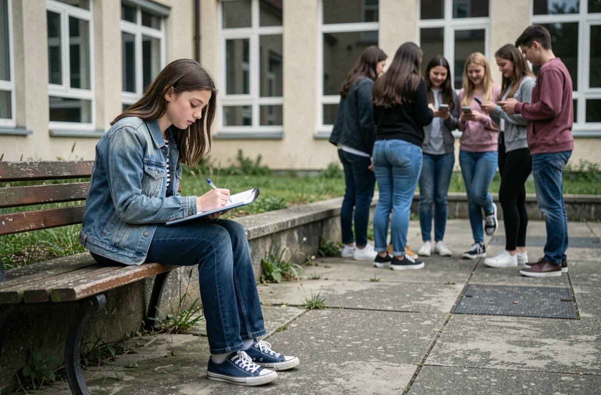 Adolescente seule dans une cour d'école dessinant dans son carnet pendant que ses camarades s'amusent ensemble, représentant la marginalisation des jeunes