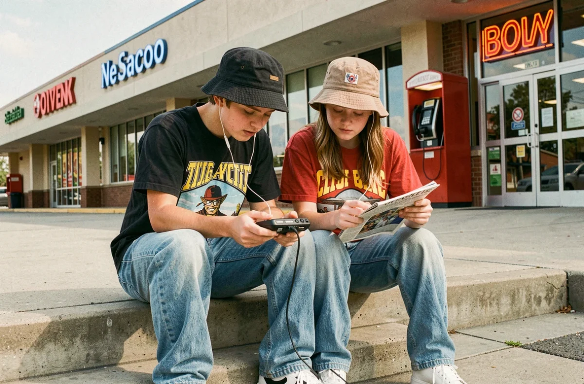 Adolescents en style années 90 avec baggy jeans et walkman CD devant un centre commercial