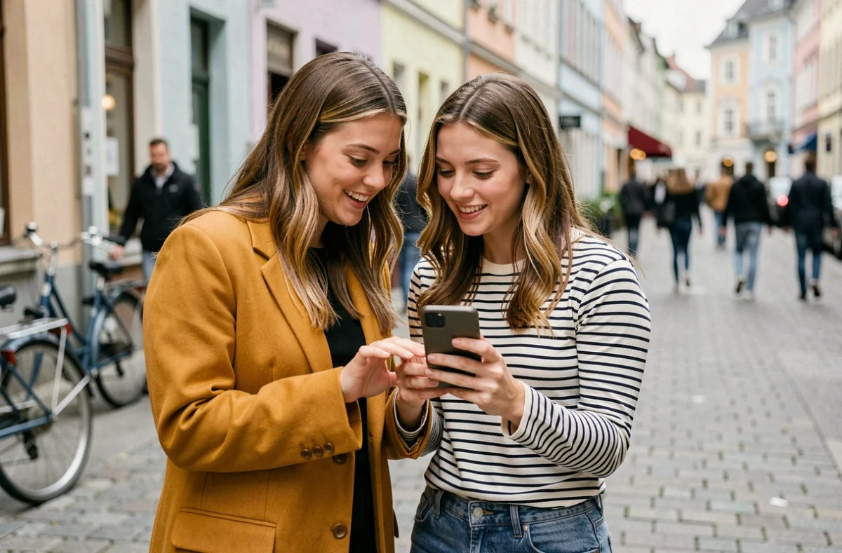 Deux amies comparant les prix et offres des boutiques en ligne Asos et Zalando sur smartphone en ville