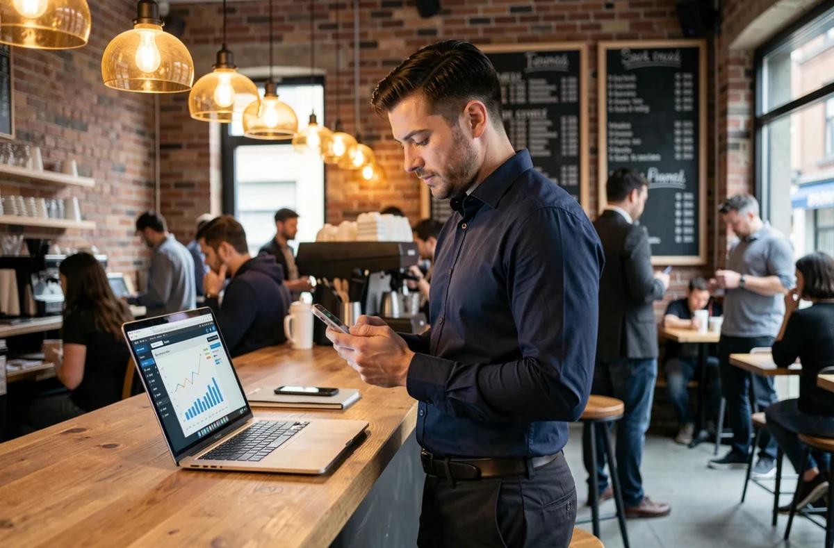 Homme analysant les statistiques et l'impact de sa stratégie d'influence sur ordinateur portable dans un café urbain