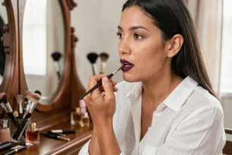Femme appliquant un rouge à lèvres bordeaux devant un miroir de coiffeuse en bois