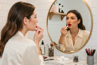 Femme appliquant du rouge à lèvres rouge devant un miroir de coiffeuse en marbre blanc avec des accessoires de maquillage