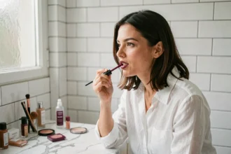 Femme appliquant un rouge à lèvres liquide longue tenue bordeaux devant un miroir de coiffeuse en marbre dans un appartement parisien