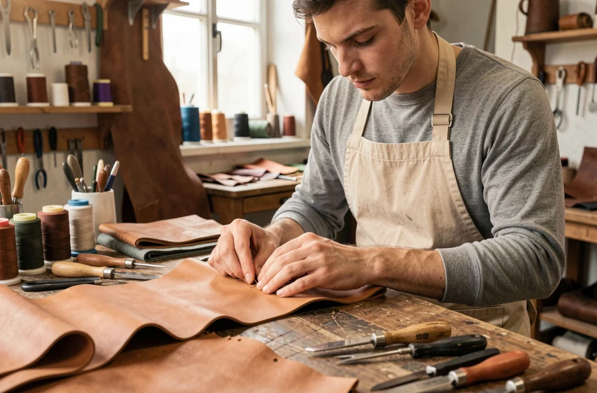 Artisan maroquinier travaillant le cuir dans un atelier Hermès, illustrant les métiers artisanaux et les salaires dans la maroquinerie de luxe