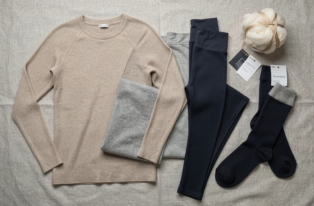 Assortiment de vêtements thermiques Thermolactyl en laine et fibres synthétiques présentés en flat lay avec pelote de laine mérinos