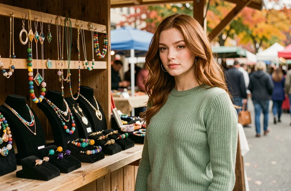 Jeune femme devant un étal de marché présentant des bijoux fantaisie colorés en plein air