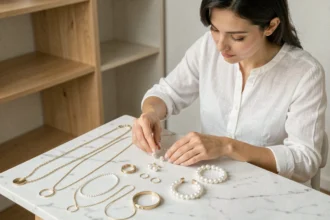 Femme arrangeant une collection de bijoux fantaisie tendance sur un marbre blanc dans une boutique minimaliste
