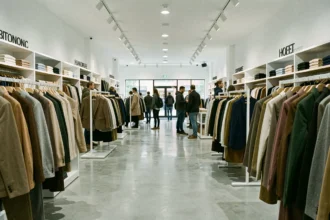 Intérieur d'une boutique de prêt-à-porter moderne avec des rangées de vêtements bien ordonnés, représentant la concurrence dans l'industrie de la mode rapide