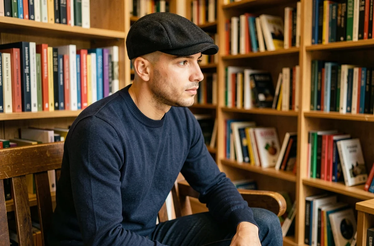Homme aux cheveux courts portant une casquette gavroche noire dans une librairie cosy