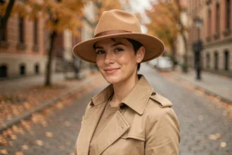 Femme aux cheveux courts avec un chapeau fedora en laine camel dans une rue pavée en automne