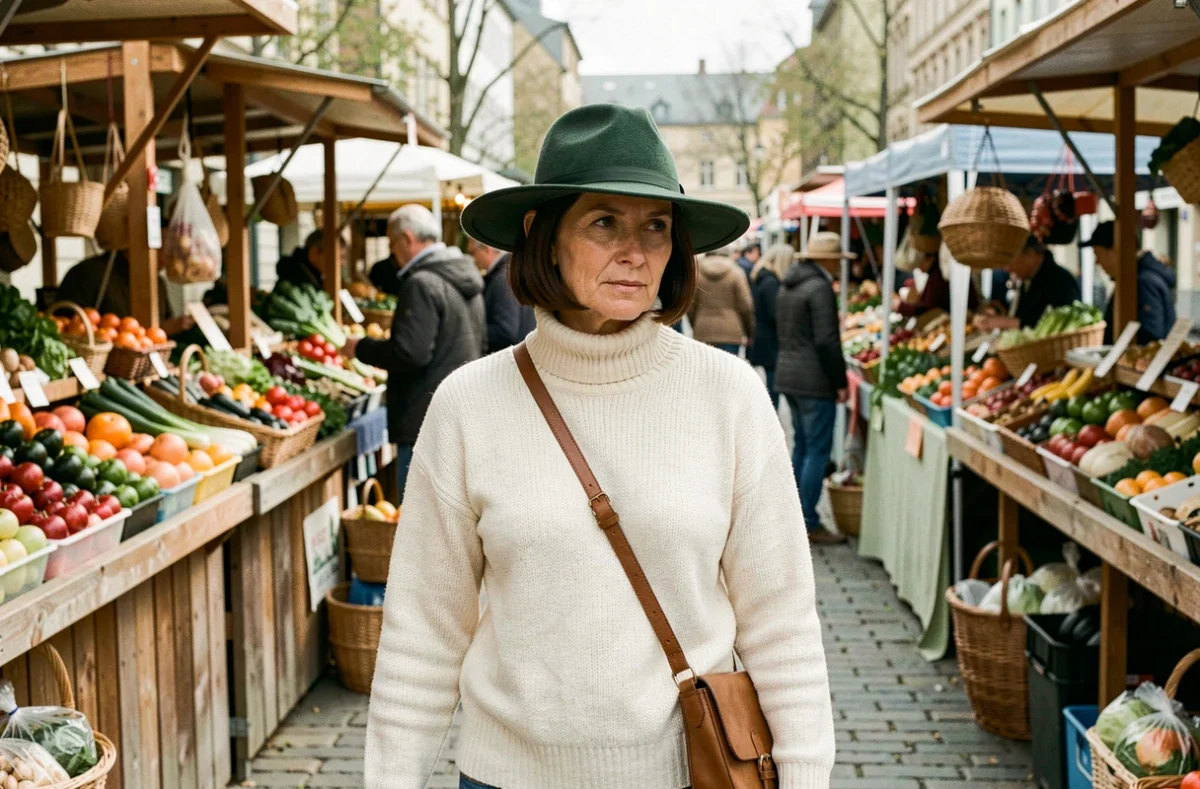 Femme aux cheveux courts avec un chapeau à large bord vert forêt dans un marché en plein air