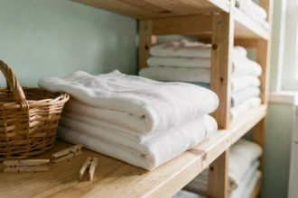 Paire de chaussettes blanches en coton soigneusement pliées côte à côte sur une étagère en bois dans une buanderie domestique