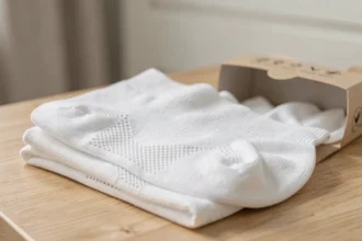 Chaussettes en fibres de bambou blanches pliées sur une surface en bois clair, idéales pour les pieds qui transpirent