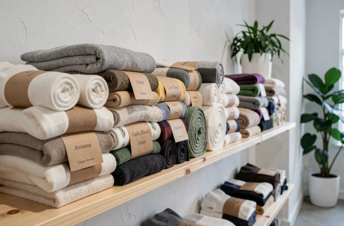 Étagère de boutique présentant des chaussettes roulées en coton, cachemire et bambou avec étiquettes kraft