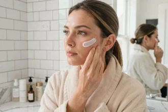 Femme appliquant une crème hydratante sur son visage dans une salle de bain moderne avec des produits de soin posés sur le comptoir