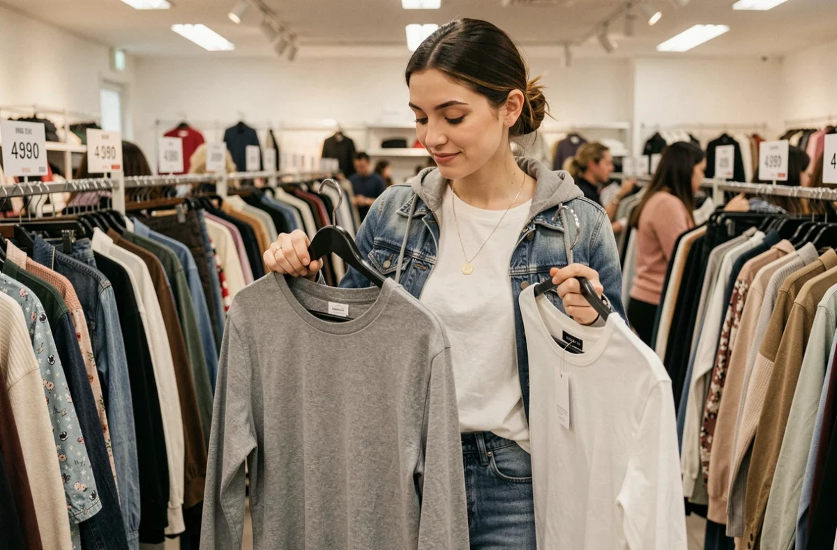 Jeune femme comparant des vêtements dans un magasin de mode rapide, symbolisant le choix entre les différentes enseignes concurrentes de Zara sur le marché du prêt-à-porter