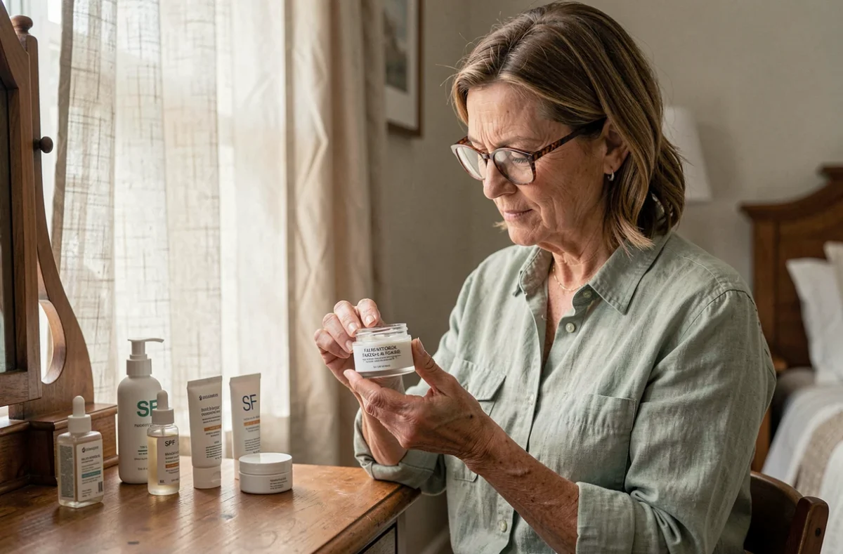 Femme mature lisant l'étiquette d'un pot de crème visage assise devant une coiffeuse en bois avec plusieurs produits de soin