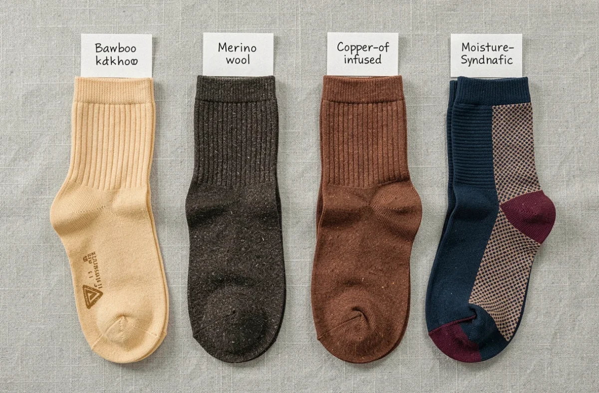 Comparaison de quatre types de chaussettes anti-odeurs en vue de dessus : bambou, laine mérinos, cuivre et synthétique respirant