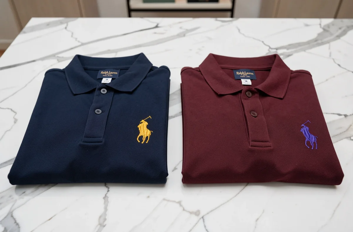 Comparaison de deux polos Polo Ralph Lauren et Ralph Lauren Purple Label sur marbre blanc
