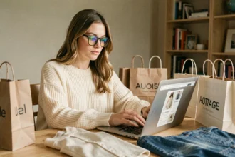Jeune femme comparant les prix de vêtements sur les sites Asos et Zalando depuis son appartement