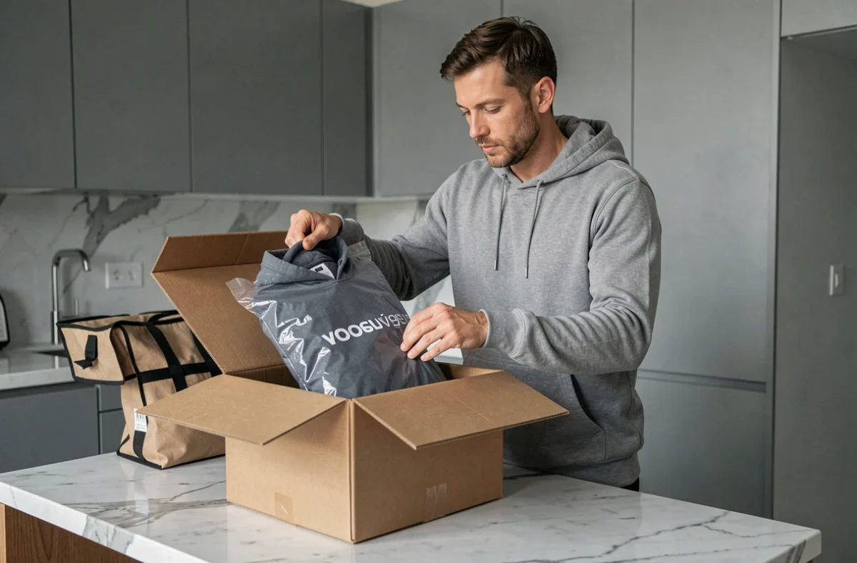 Homme déballant une commande ASOS dans sa cuisine, examinant l'authenticité d'une marque de sweat à capuche reçu en livraison