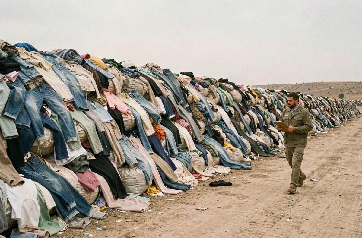 Chercheur environnemental documentant une décharge à ciel ouvert remplie de vêtements usagés et de textiles synthétiques jetés, symbole des conséquences écologiques de la mode rapide
