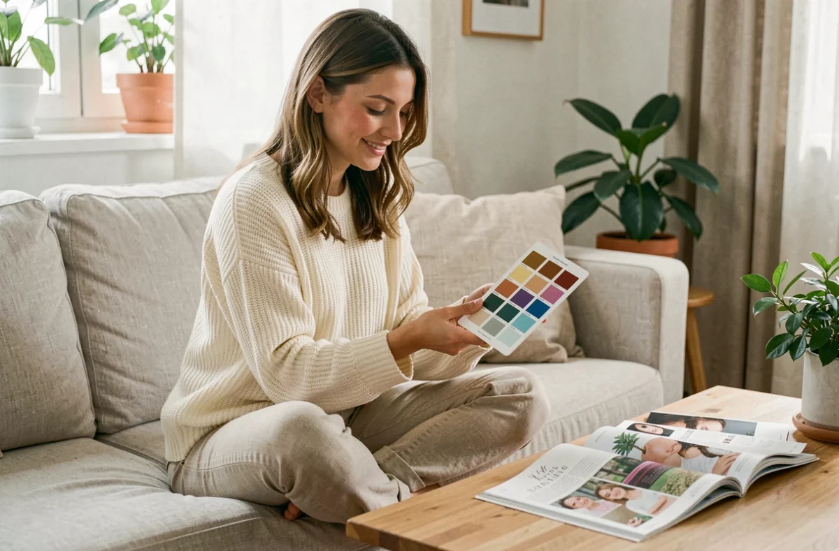 Jeune femme découvrant sa saison colorimétrique à la maison avec une carte de palette