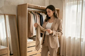 Femme élégante en blazer beige qui examine sa garde-robe organisée pour définir son style vestimentaire personnel