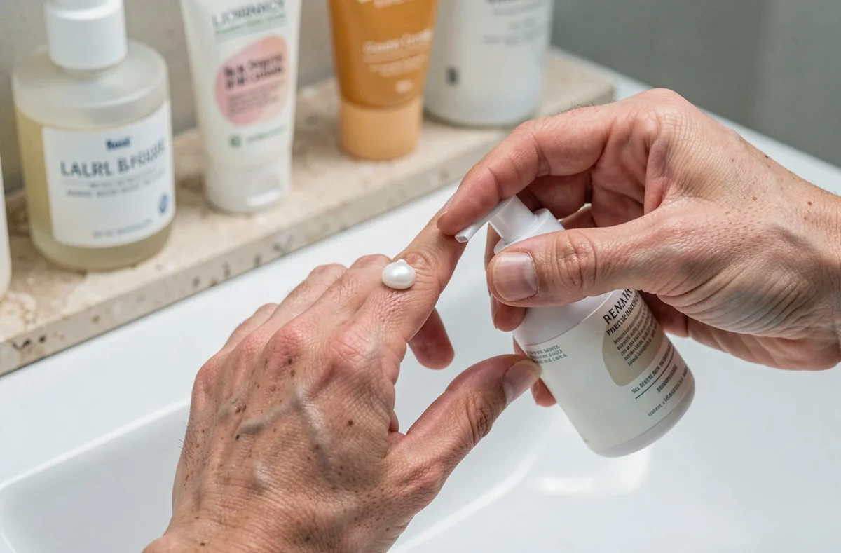 Gros plan sur des mains dosant une crème visage avec un flacon pompe au-dessus d'un lavabo blanc entouré de produits de soin