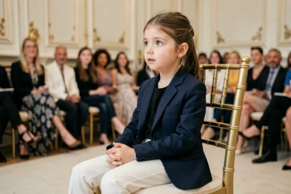 Jeune fille en tenue élégante assise au premier rang d'un défilé de mode parisien