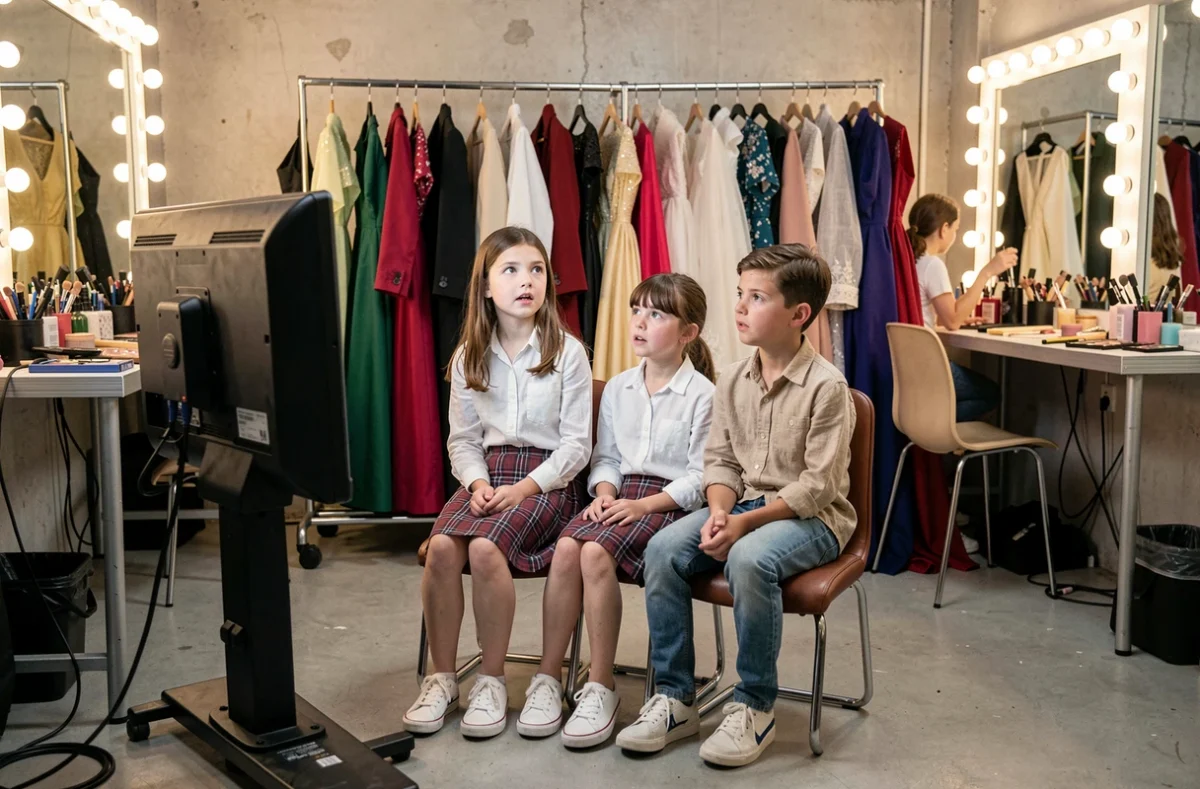 Groupe d'enfants en coulisses d'un défilé de mode regardant le défilé sur écran