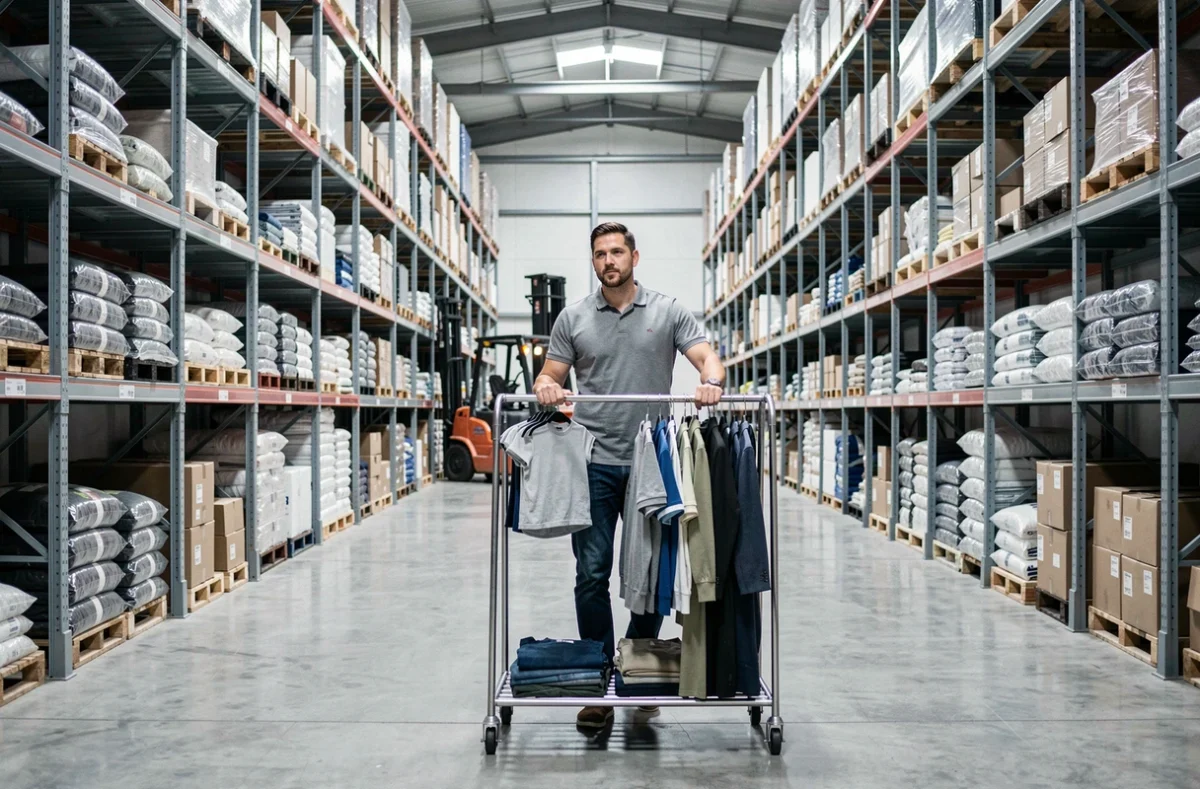 Employé déplaçant un portant de vêtements dans un entrepôt de distribution textile
