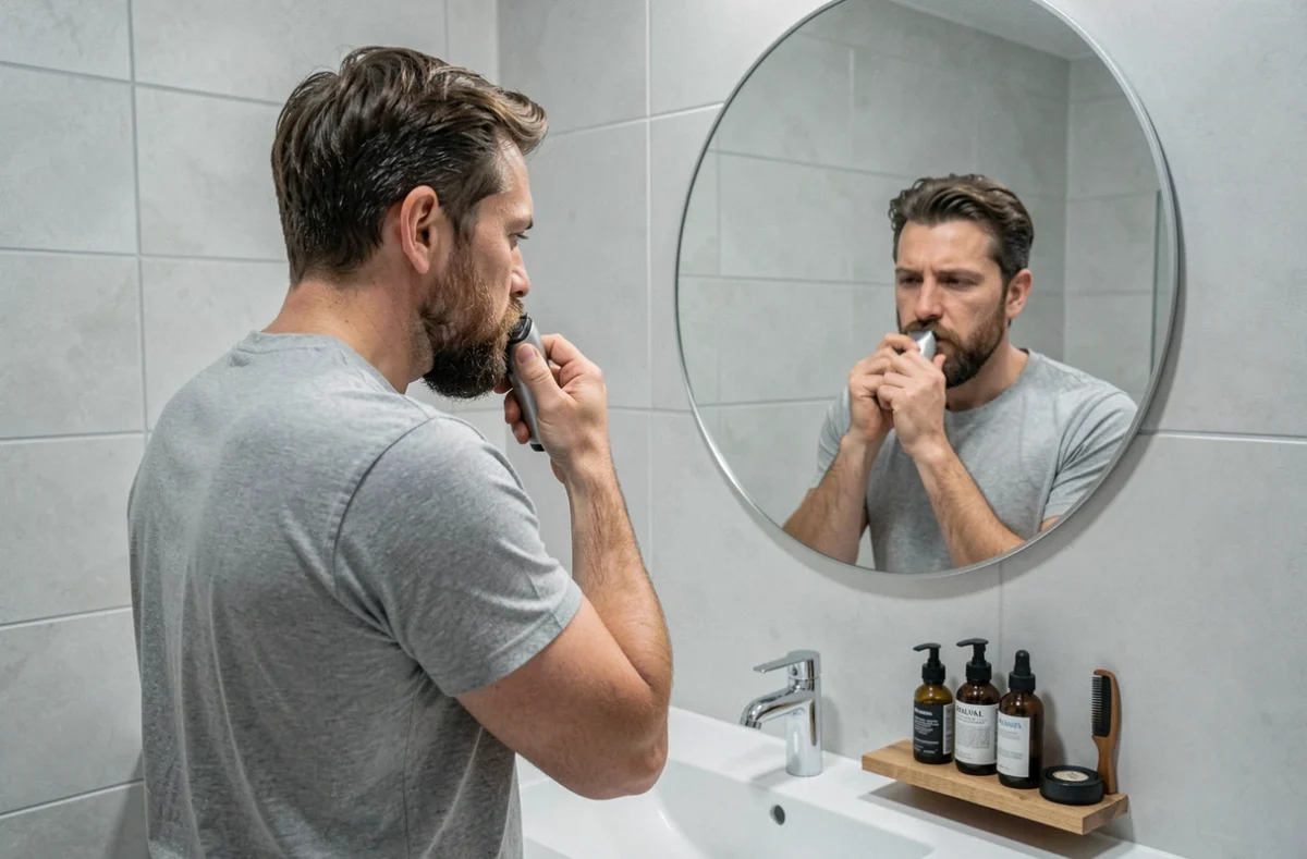 Homme entretenant sa barbe avec une tondeuse devant le miroir de sa salle de bain