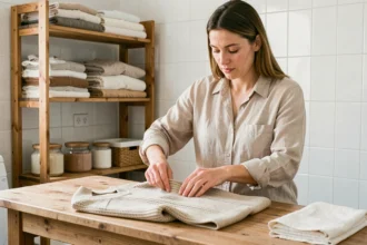 Femme pliant soigneusement un pull en cachemire dans une buanderie minimaliste en bois et carrelage blanc