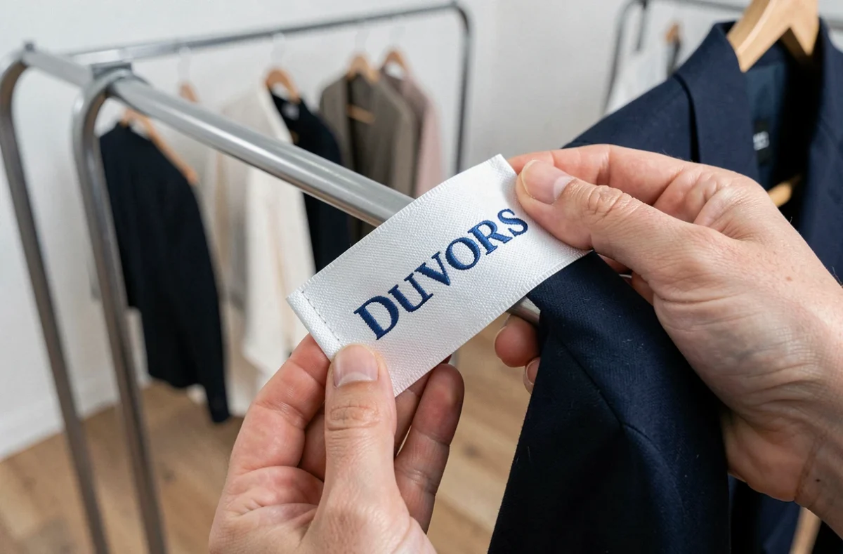 Gros plan sur une étiquette de marque cousue sur un blazer bleu marine, mains inspectant la qualité de la confection