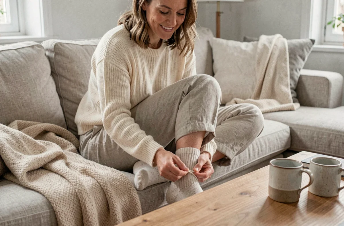 Femme enfilant une chaussette en laine mérinos épaisse dans un salon scandinave chaleureux