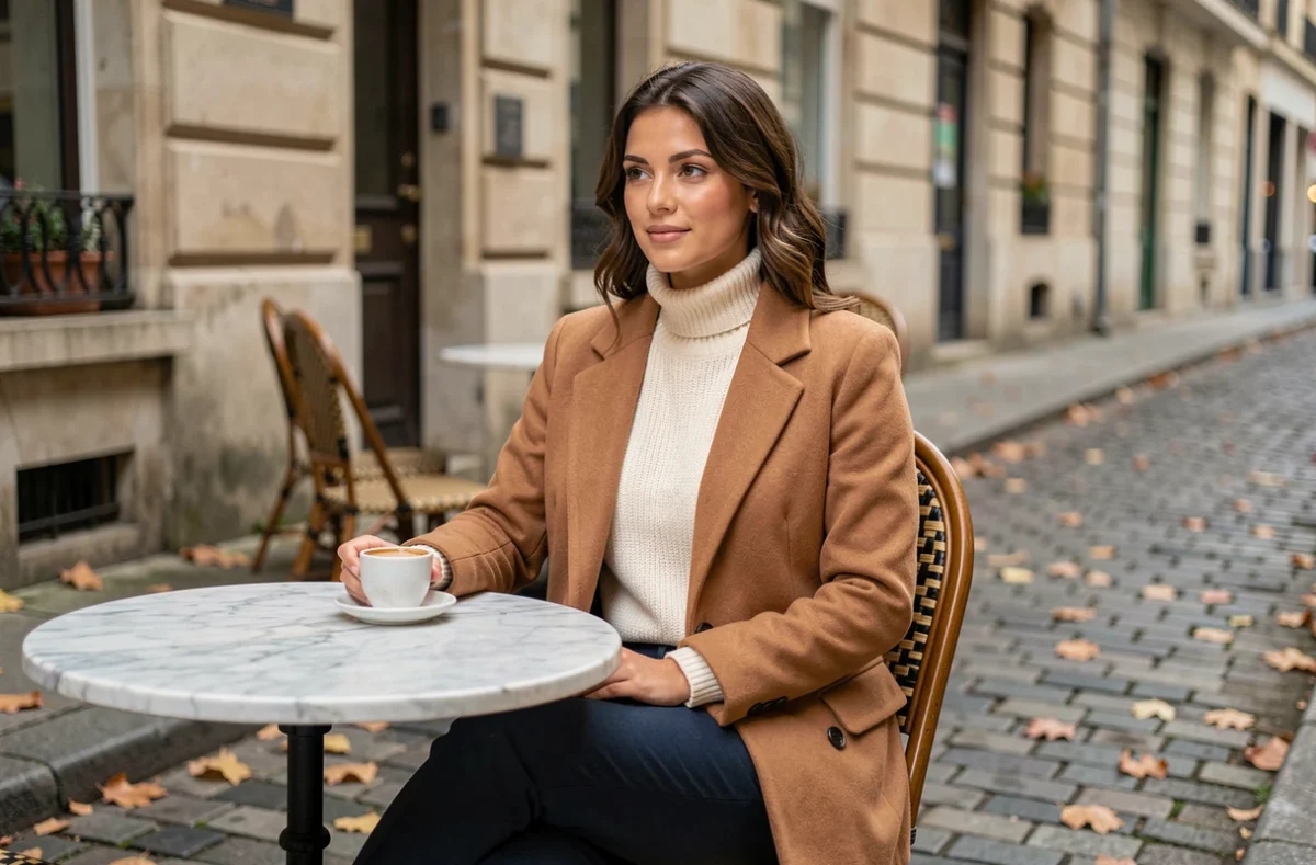 Femme chic en manteau camel assise à la terrasse d'un café parisien avec une tasse d'espresso