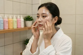 Jeune femme coréenne appliquant un masque en tissu dans une salle de bain minimaliste coréenne, routine de soins de la peau