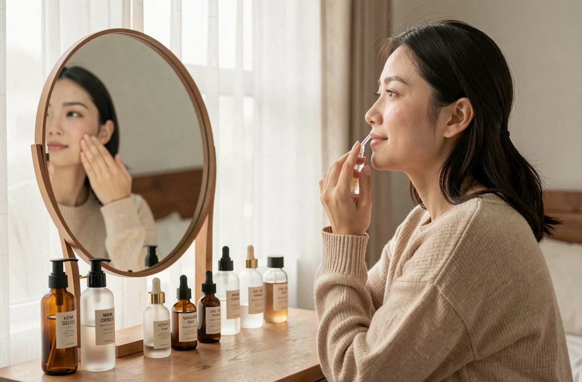 Femme coréenne appliquant un sérum coréen devant un miroir dans un appartement coréen, soin du visage multi-étapes