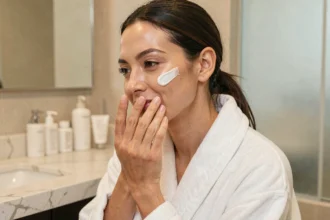 Femme appliquant une crème de nuit sur son visage lisse dans une salle de bain minimaliste