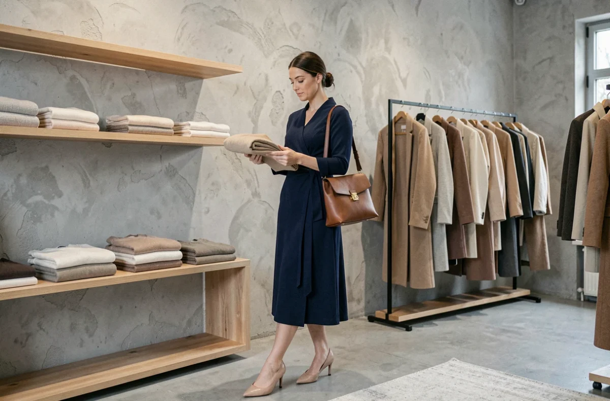 Femme élégante en robe bleu marine feuilletant des vêtements dans une boutique de mode minimaliste