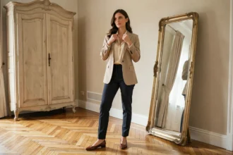Femme élégante en blazer beige ajustant sa tenue devant un miroir dans un appartement parisien
