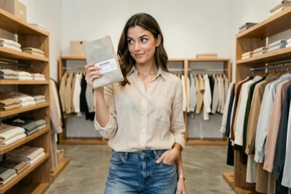 Femme tenant une étiquette taille M dans une boutique de vêtements minimaliste
