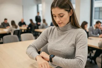 Femme en pull col roulé gris vérifiant sa montre connectée dans un bureau moderne minimaliste