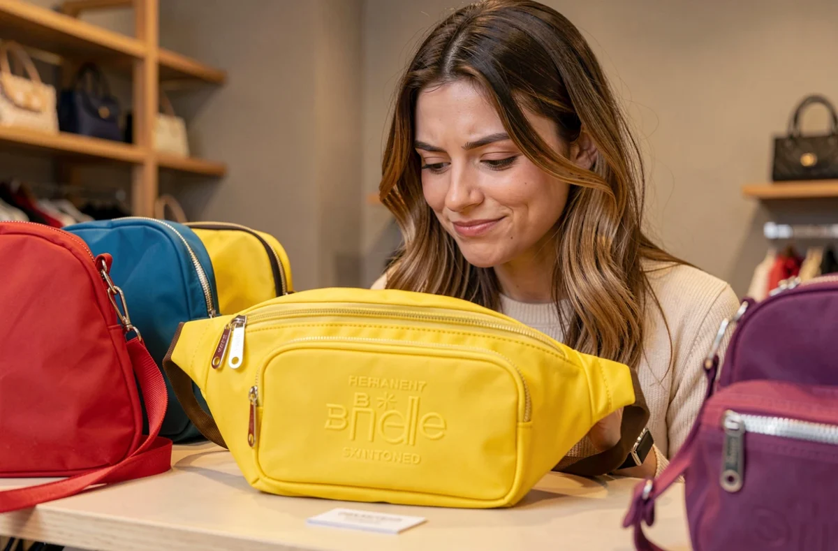 Femme regardant un sac banane jaune dans une boutique avec une expression dubitative