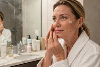 Femme d'une quarantaine d'années appliquant une crème hydratante devant un miroir de salle de bain pour paraître plus jeune