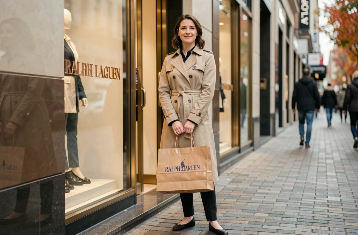 Femme souriante tenant un sac Ralph Lauren devant une boutique de luxe en ville