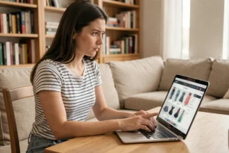 Jeune femme parcourant des marques de vêtements sur le site ASOS depuis son appartement, air sceptique