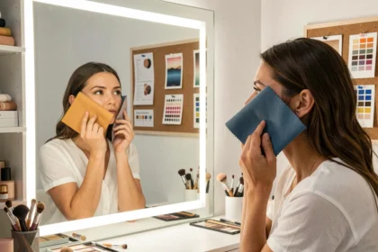 Femme testant sa colorimétrie avec des échantillons de tissu devant un miroir de maquillage